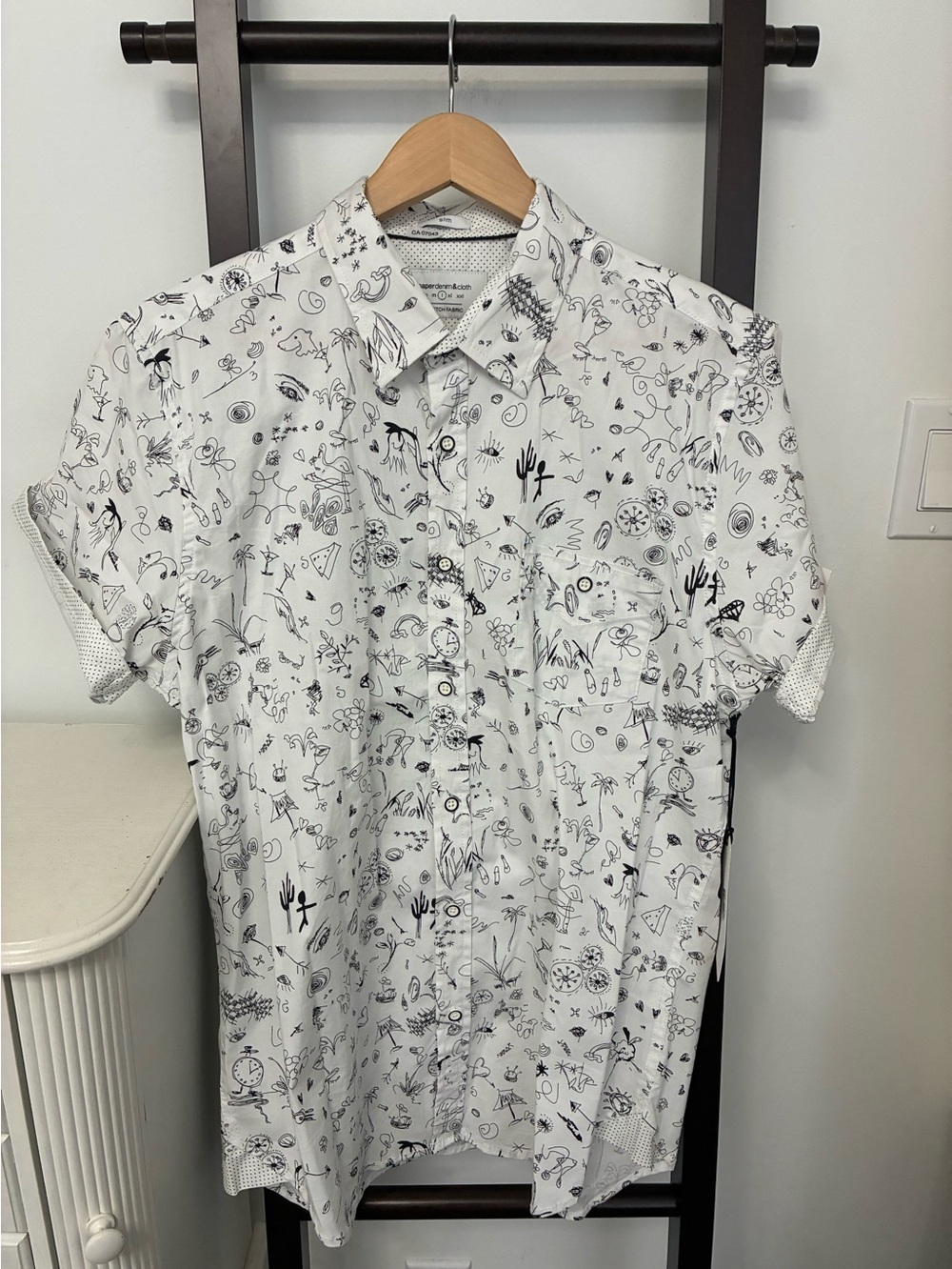 Paper Denim & Cloth White Short-Sleeve Button Down Shirt with print NEW